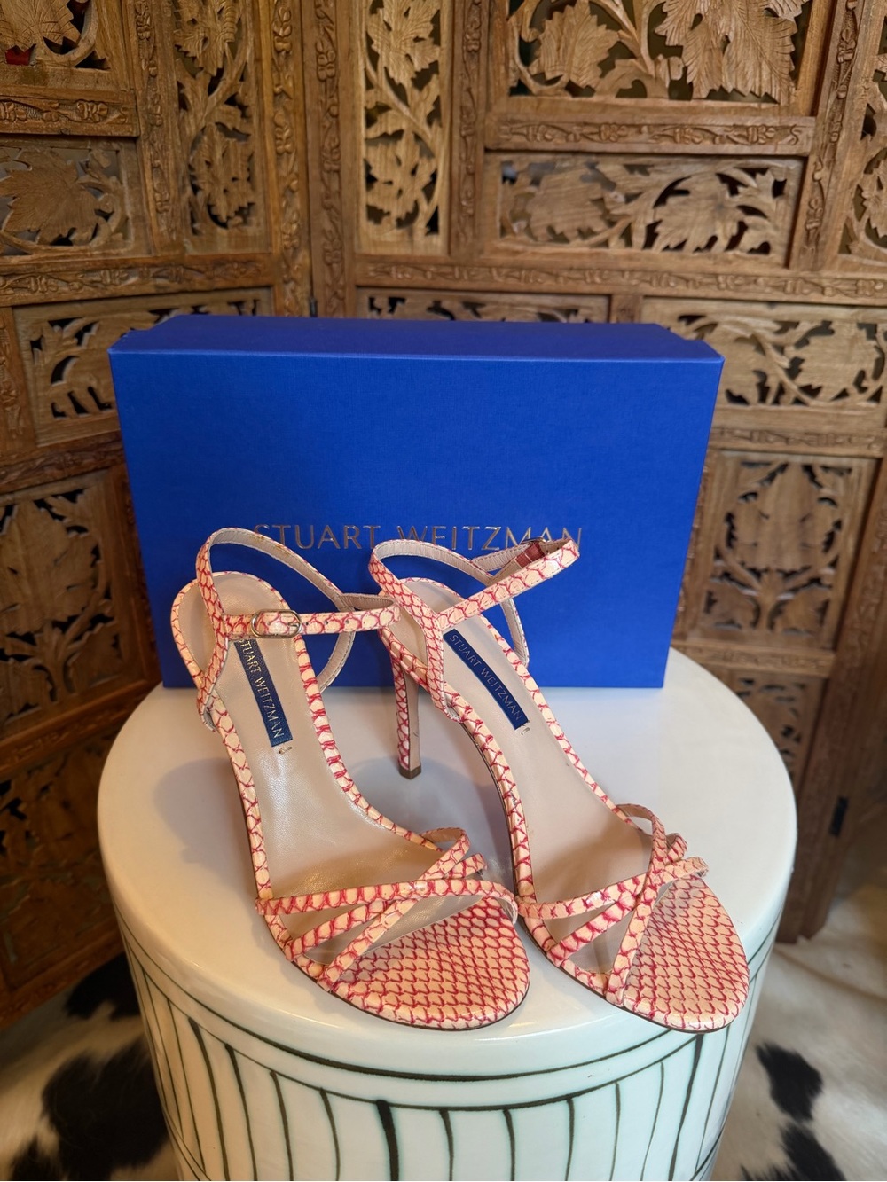 Stuart Weitzman Pink & Cream Patterned Strappy High-Heel Sandals